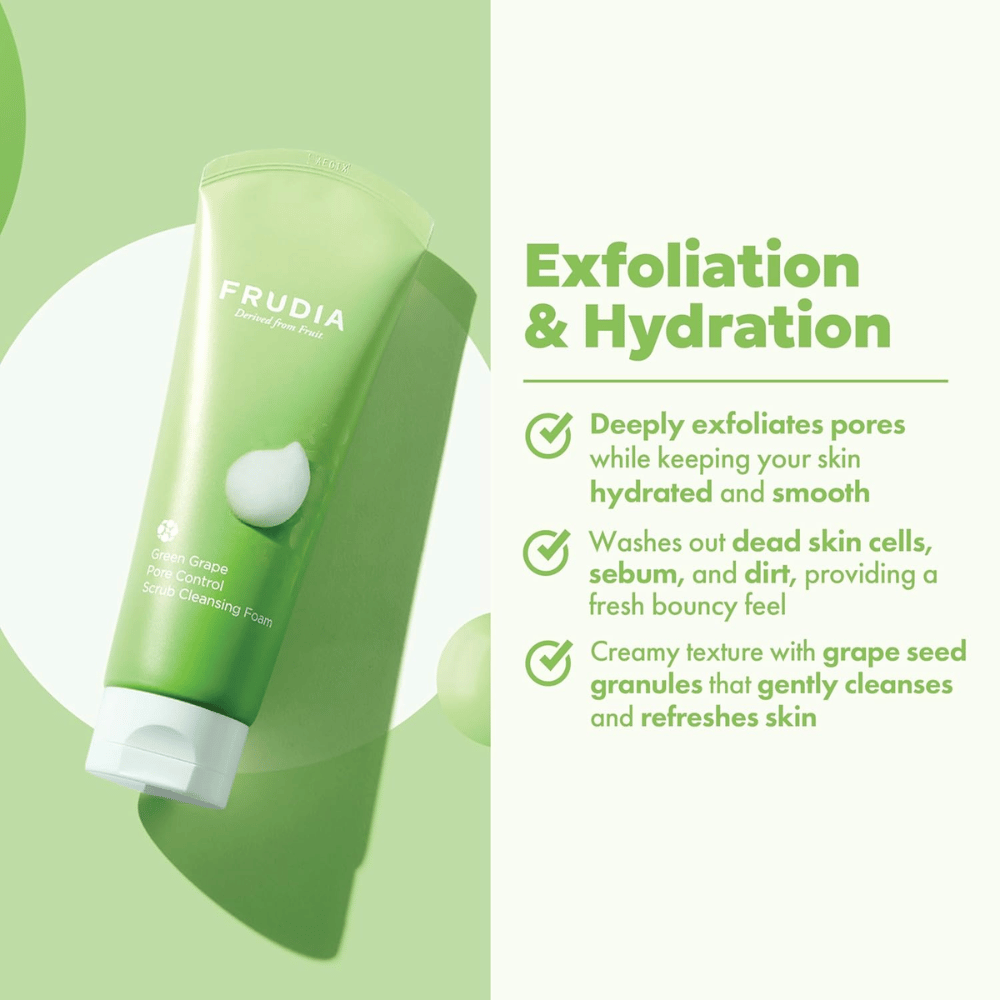 FRUDIA Green Grape Pore Control Scrub Cleansing Foam – limpieza facial exfoliante con gránulos de semillas de uva que eliminan suciedad, sebo y células muertas sin resecar la piel.