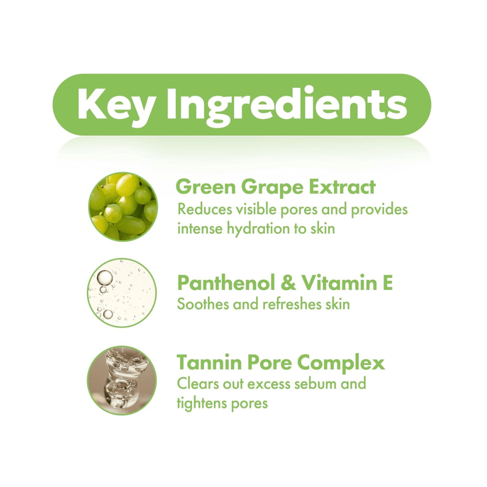 FRUDIA Green Grape Pore Control Scrub Cleansing Foam – ingredientes clave como extracto de uva verde, pantenol, vitamina E y complejo de poros de tanino para poros limpios y refinados.