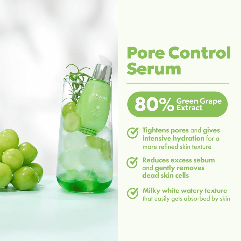 Frudia Green Grape Pore Control Serum que tensa los poros, reduce el exceso de sebo y se absorbe rápidamente con una textura ligera y lechosa para una piel fresca y equilibrada.