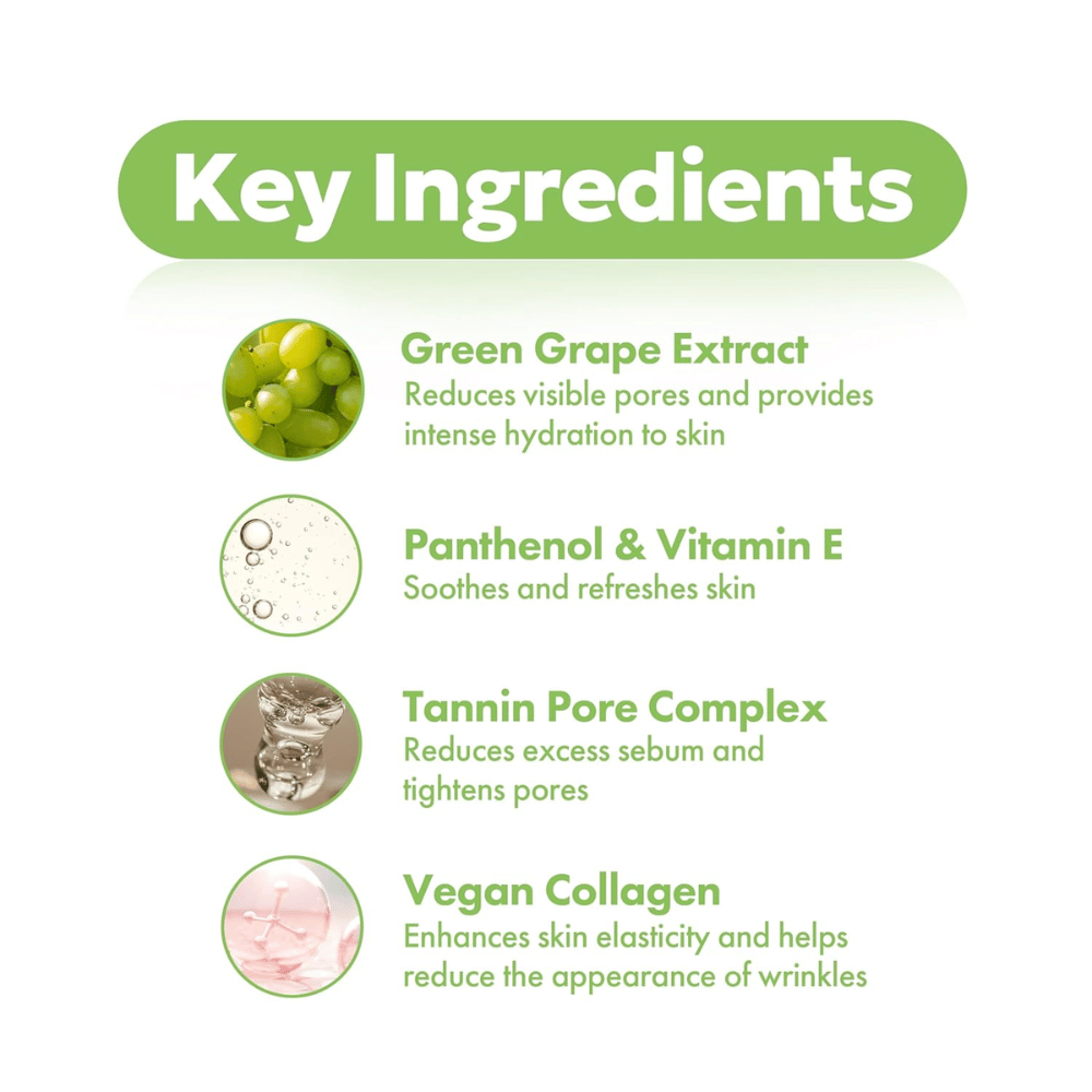 Ingredientes clave en Frudia Green Grape Pore Control: extracto de uva verde para los poros, pantenol y vitamina E para efecto calmante, complejo de taninos para poros y colágeno vegano.