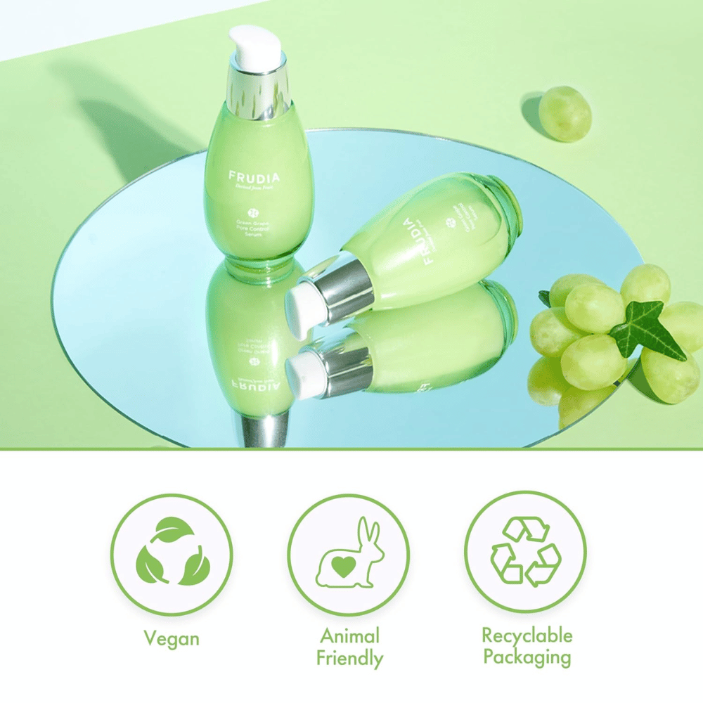 Frudia Green Grape Pore Control Serum con uvas verdes, fórmula vegana, cruelty-free y envase reciclable – cuidado de la piel coreano para reducción de poros y piel equilibrada.