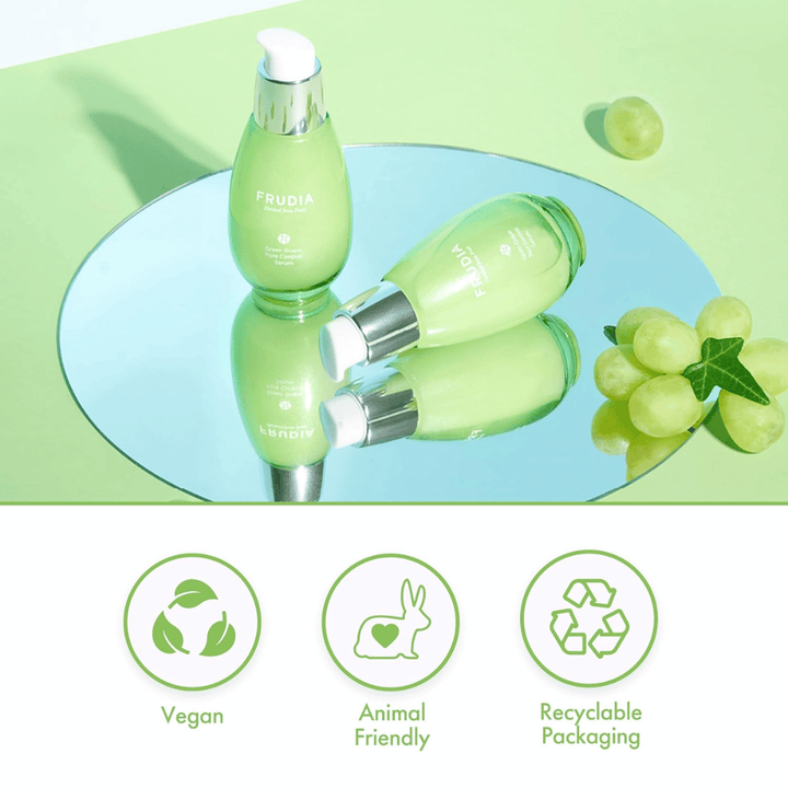 Frudia Green Grape Pore Control Serum con uvas verdes, fórmula vegana, cruelty-free y envase reciclable – cuidado de la piel coreano para reducción de poros y piel equilibrada.