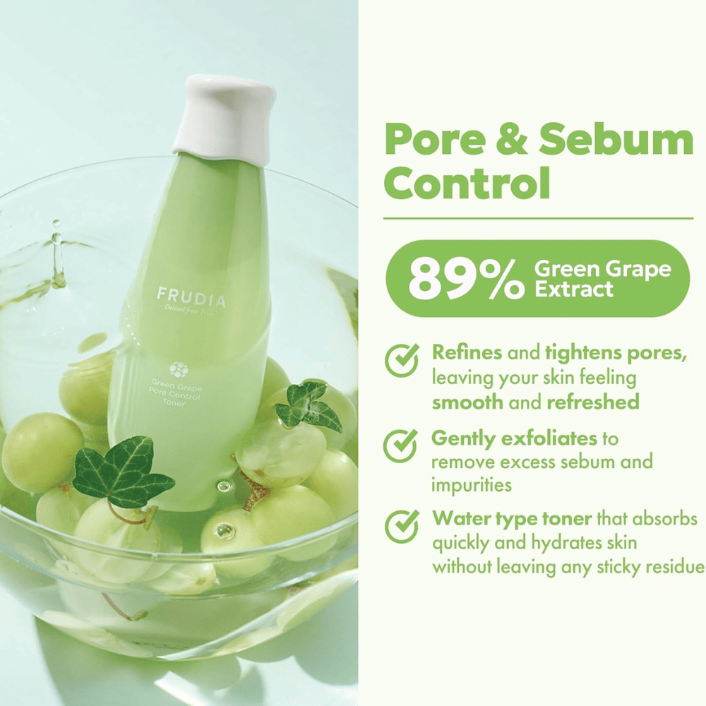 Frudia Green Grape Pore Control Toner con 89 % de extracto de uva verde que refina los poros, reduce el sebo excesivo e hidrata la piel con un tónico ligero y de rápida absorción sin sensación pegajosa.