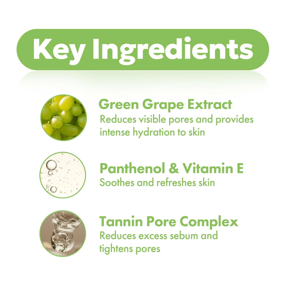 Ingredientes clave en Frudia Green Grape Pore Control con extracto de uva verde, pantenol, vitamina E y complejo de poros de tanino que hidrata la piel, reduce los poros y equilibra el sebo.