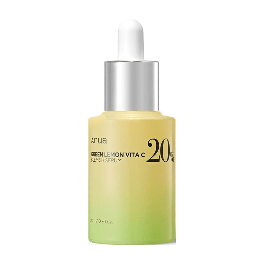 Flaska med ANUA Green Lemon Vita C Blemish Serum, innehållande 20% C-vitamin.