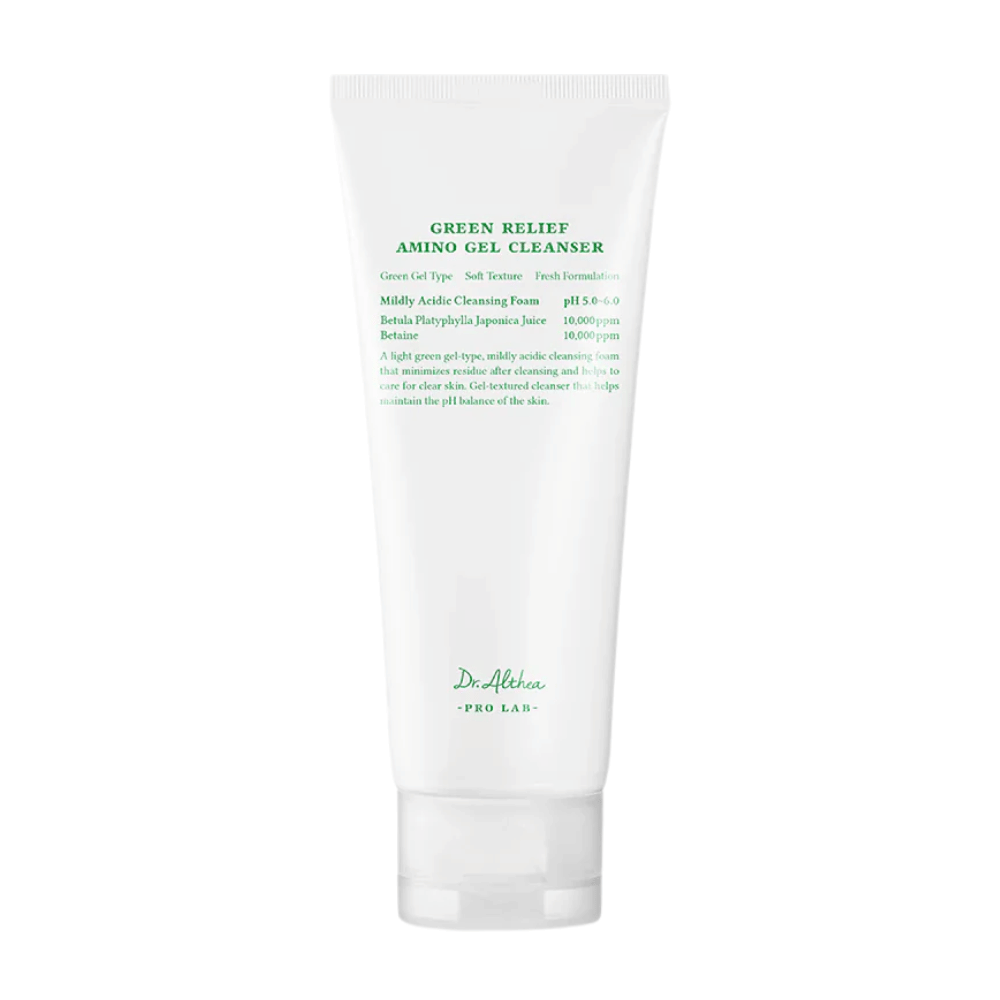 El producto muestra Dr. Althea Green Relief Amino Gel Cleanser – un gel de limpieza suave, vegano con fórmula verde clara y pH 5.0–6.0 para piel sensible.