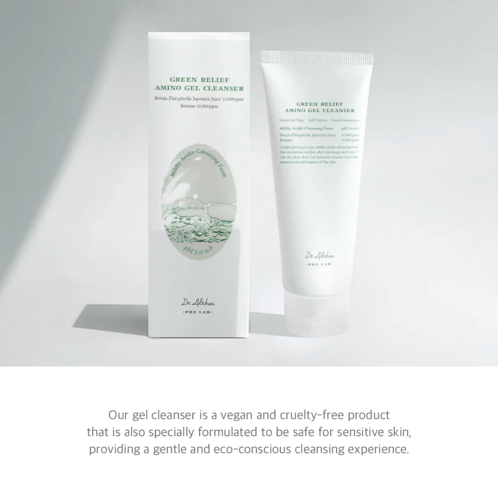 Dr. Althea Green Relief Amino Gel Cleanser es una limpieza vegana, cruelty-free con textura de gel suave. Especialmente desarrollada para piel sensible y uso consciente del medio ambiente.