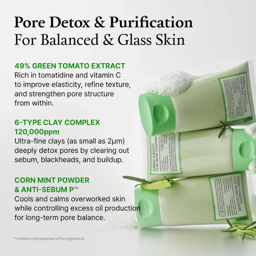Imagen informativa sobre “Pore Detox & Purification” con ingredientes como extracto de tomate verde, arcilla y menta, junto con imágenes del producto.