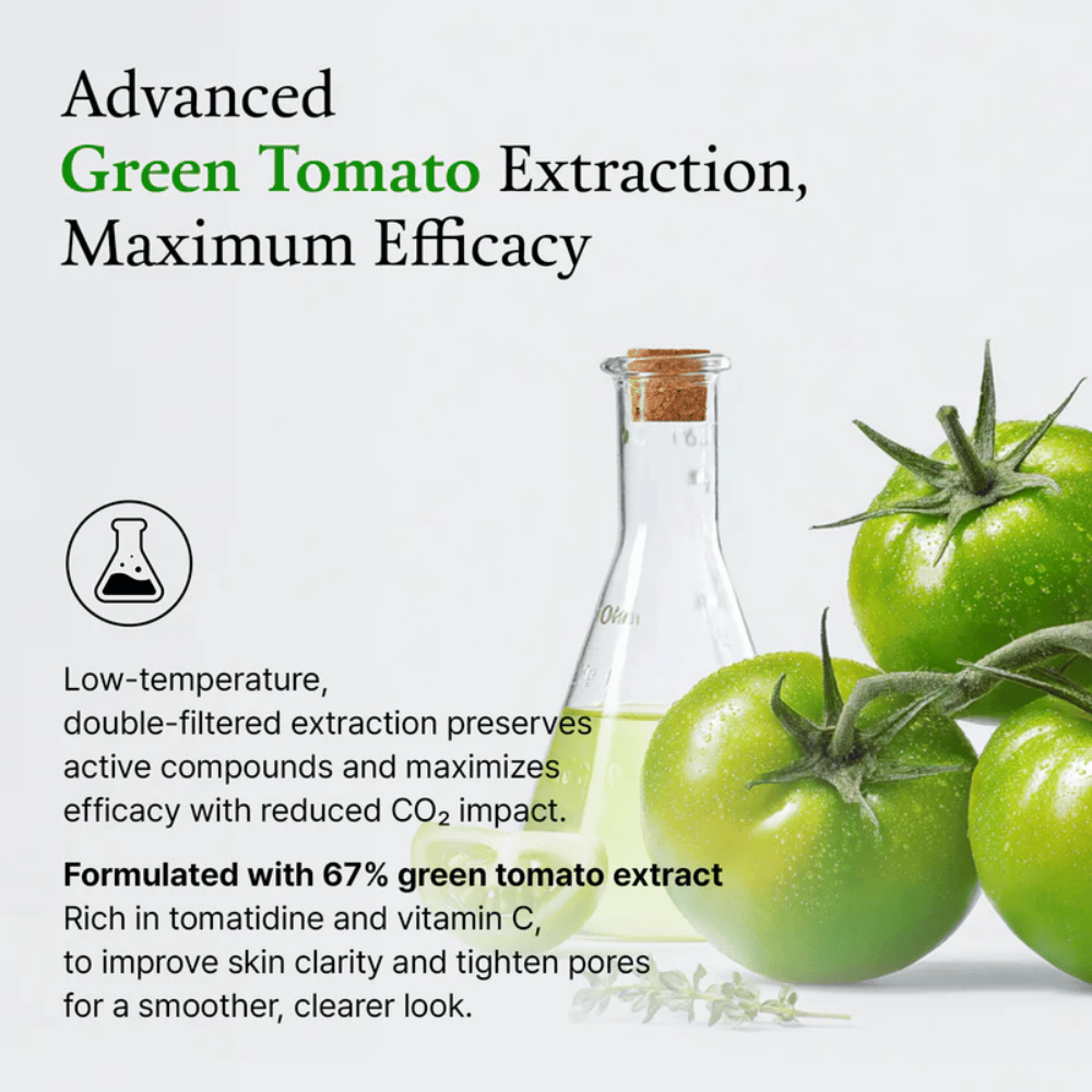 Imagen con tomates verdes y un frasco de laboratorio que destaca el ingrediente “green tomato extract” y su efecto en la piel.