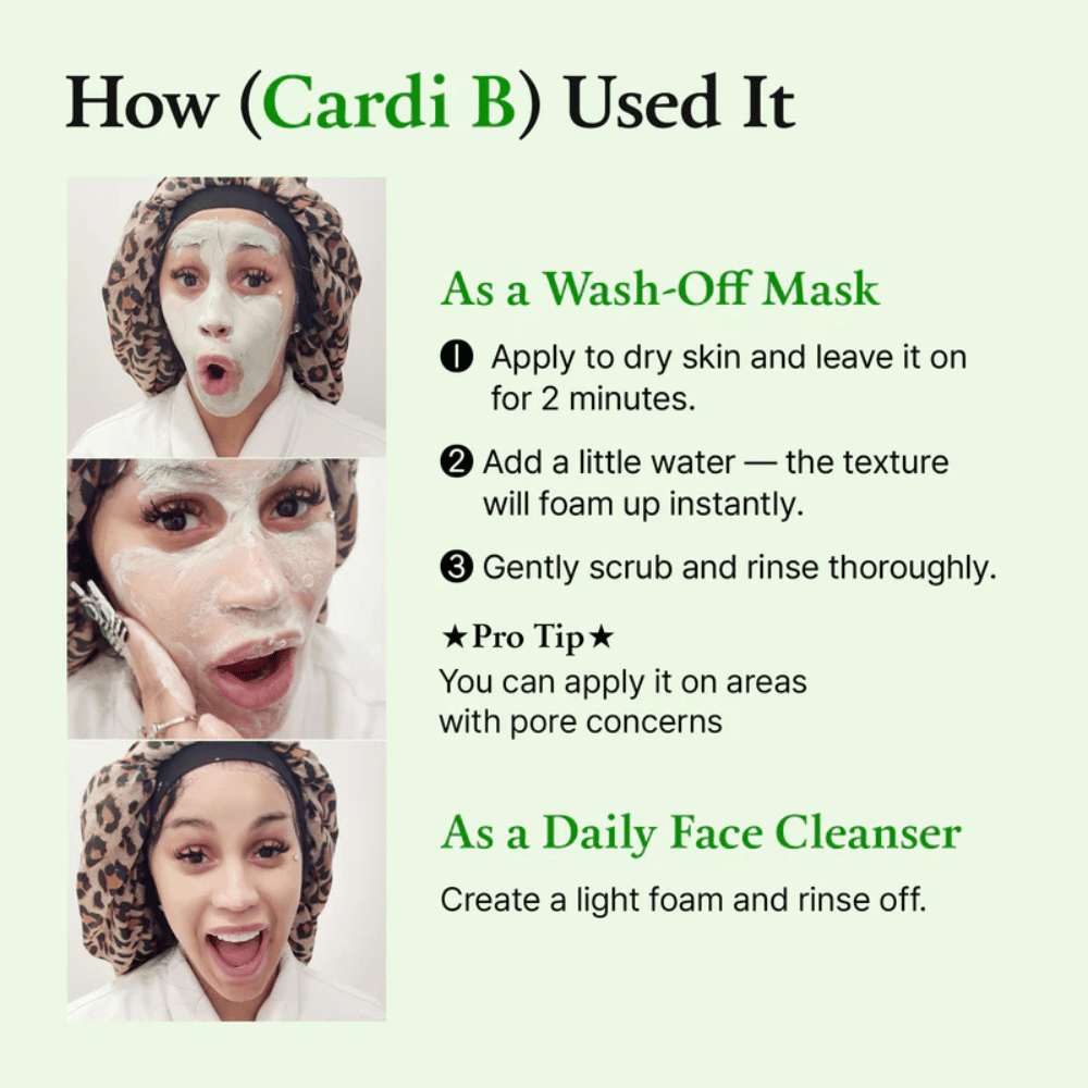 Imagen instructiva que muestra cómo se usa el producto, con una persona aplicando una mascarilla facial. Paso a paso tanto para la mascarilla como para la limpieza diaria.