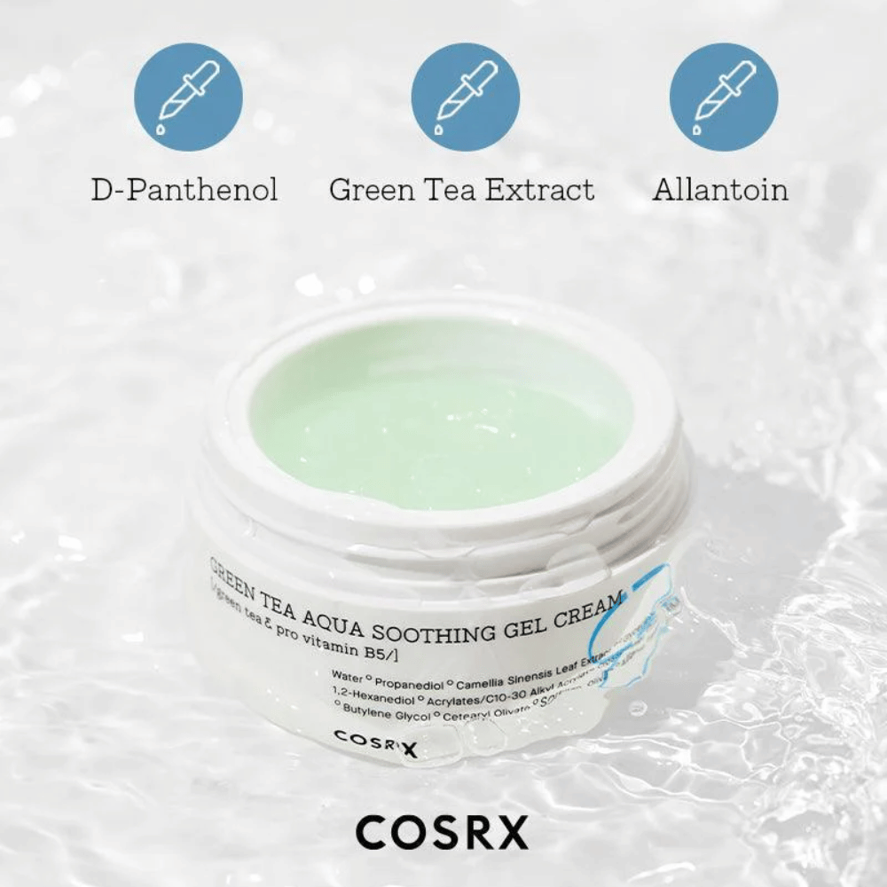 COSRX Green Tea Aqua Soothing Gel Cream – tarro abierto con crema de gel verde. Ingredientes clave: D-Pantenol, Extracto de té verde y Alantoína para hidratación y efecto calmante.
