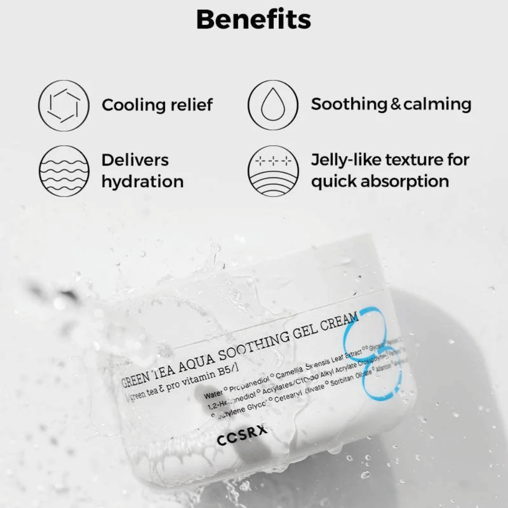 COSRX Green Tea Aqua Soothing Gel Cream – Ventajas: efecto refrescante, calmante y nutritivo, hidratación intensa y textura similar a gel para rápida absorción.