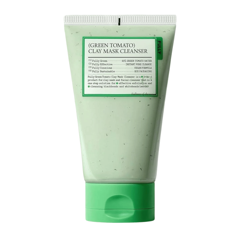 Una imagen del producto de Green Tomato Clay Mask Cleanser en un tubo verde sobre un fondo blanco. El enfoque está en el envase y el diseño.