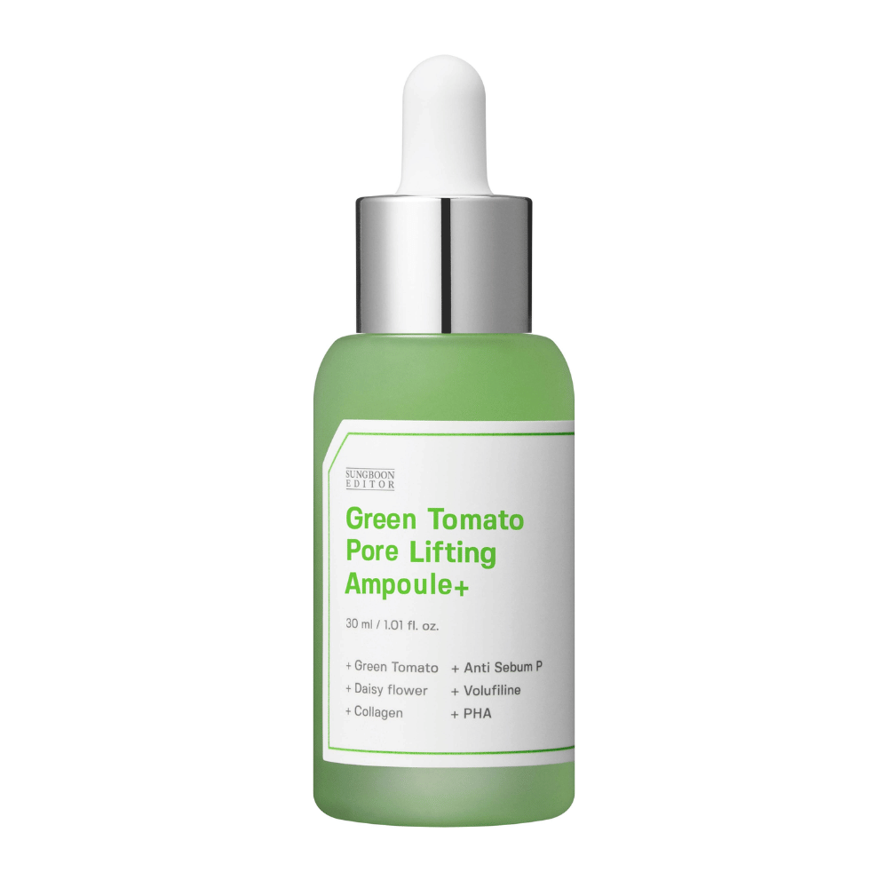 Imagen de producto aislada de Green Tomato Pore Lifting Ampoule+ en botella de vidrio verde con pipeta.