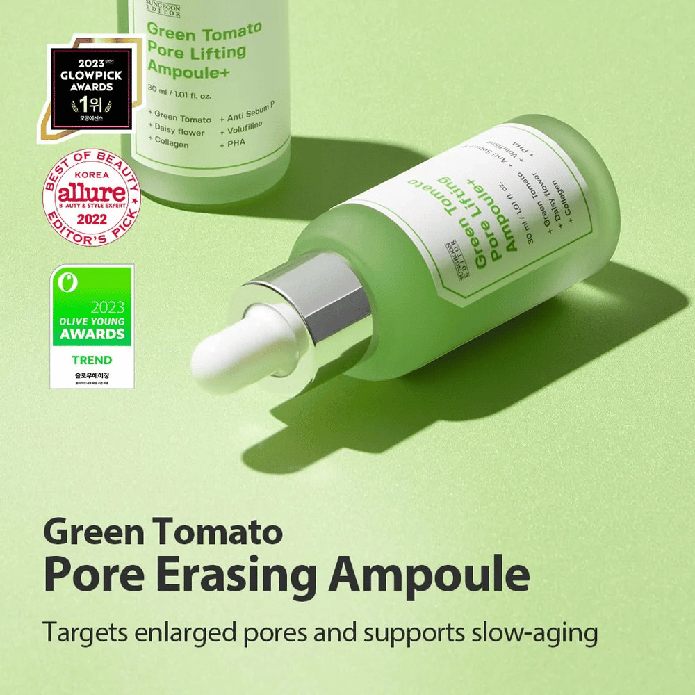 Green Tomato Pore Lifting Ampoule+ imagen de producto con premios de Glowpick, Allure y Olive Young Awards 2023.