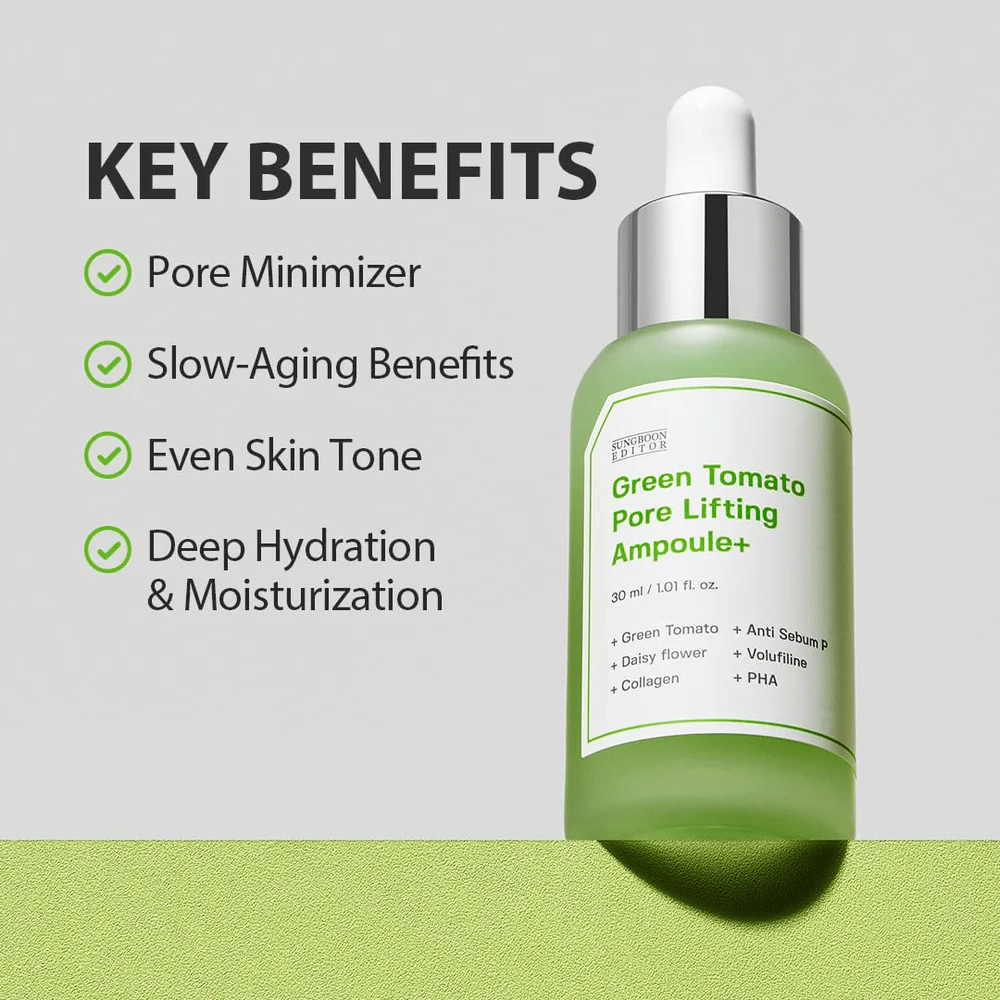 Green Tomato Pore Lifting Ampoule+ con botella de pipeta sobre fondo verde, beneficios clave listados como reducción de poros, anti-envejecimiento, tono de piel uniforme e hidratación.
