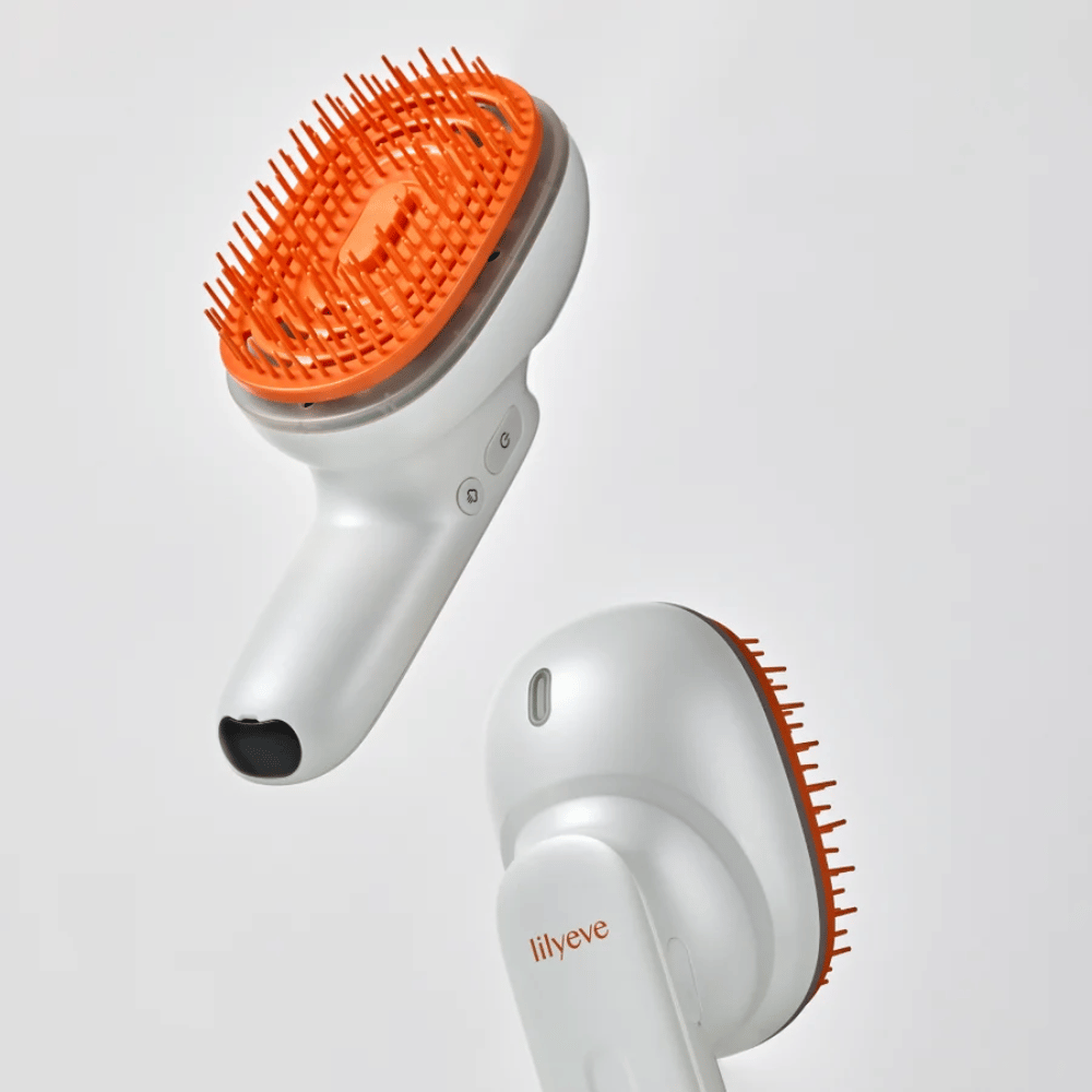LILYEVE GrowTurn Brush Steam Booster – parte delantera y trasera con mango ergonómico y cerdas naranjas