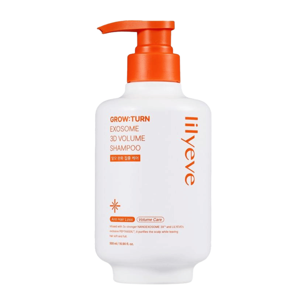 LILYEVE Grow:Turn Exosome 3D Volume Shampoo en botella con dosificador blanca con detalles naranjas para el cuidado del cuero cabelludo