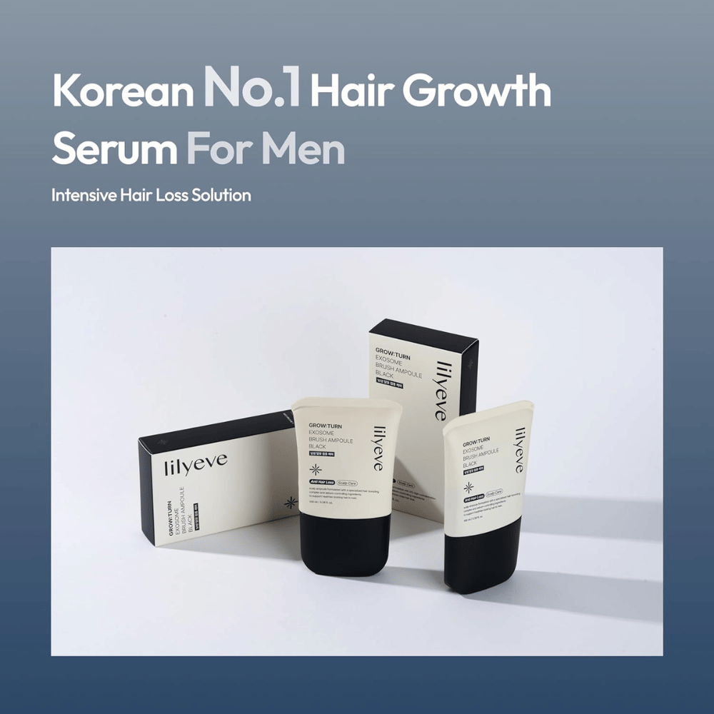 Imagen del producto y del envase de LILYEVE Grow:Turn Exosome Brush Ampoule Prime. La imagen destaca el sérum como un producto de cuidado capilar desarrollado para hombres, con enfoque en el cuidado del cuero cabelludo y en necesidades relacionadas con la caída del cabello.