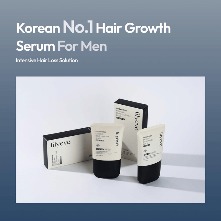 Imagen del producto y del envase de LILYEVE Grow:Turn Exosome Brush Ampoule Prime. La imagen destaca el sérum como un producto de cuidado capilar desarrollado para hombres, con enfoque en el cuidado del cuero cabelludo y en necesidades relacionadas con la caída del cabello.