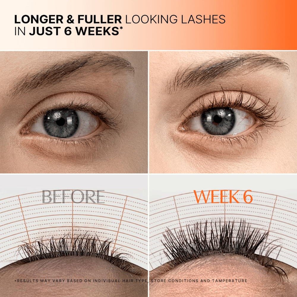 Imagen del antes y después de las pestañas tras 6 semanas de uso de LILYEVE Grow Turn Exosome Dual Lash Serum.