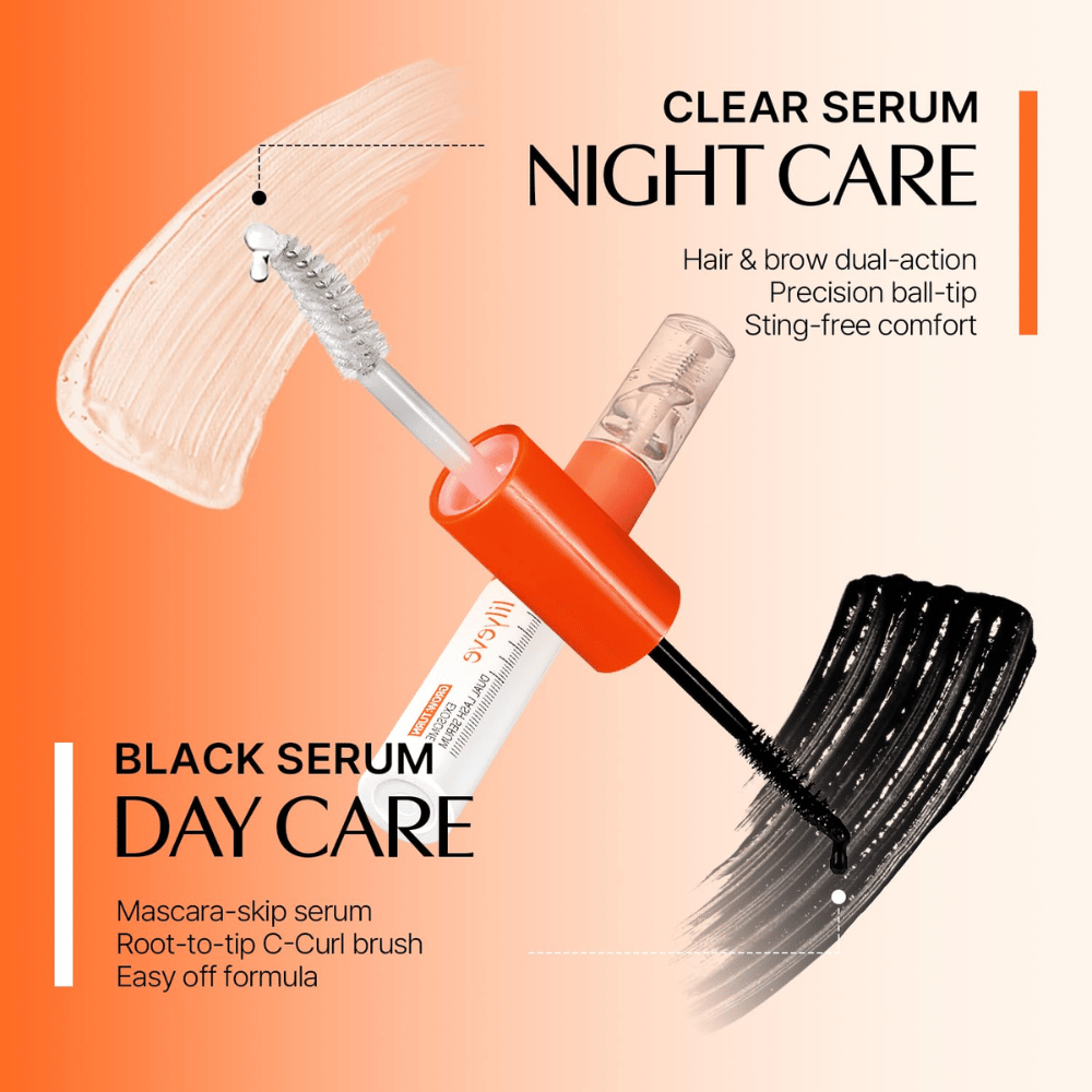 LILYEVE Grow Turn Exosome Dual Lash Serum con sérum nocturno transparente y sérum diurno negro en un envase de doble cara.