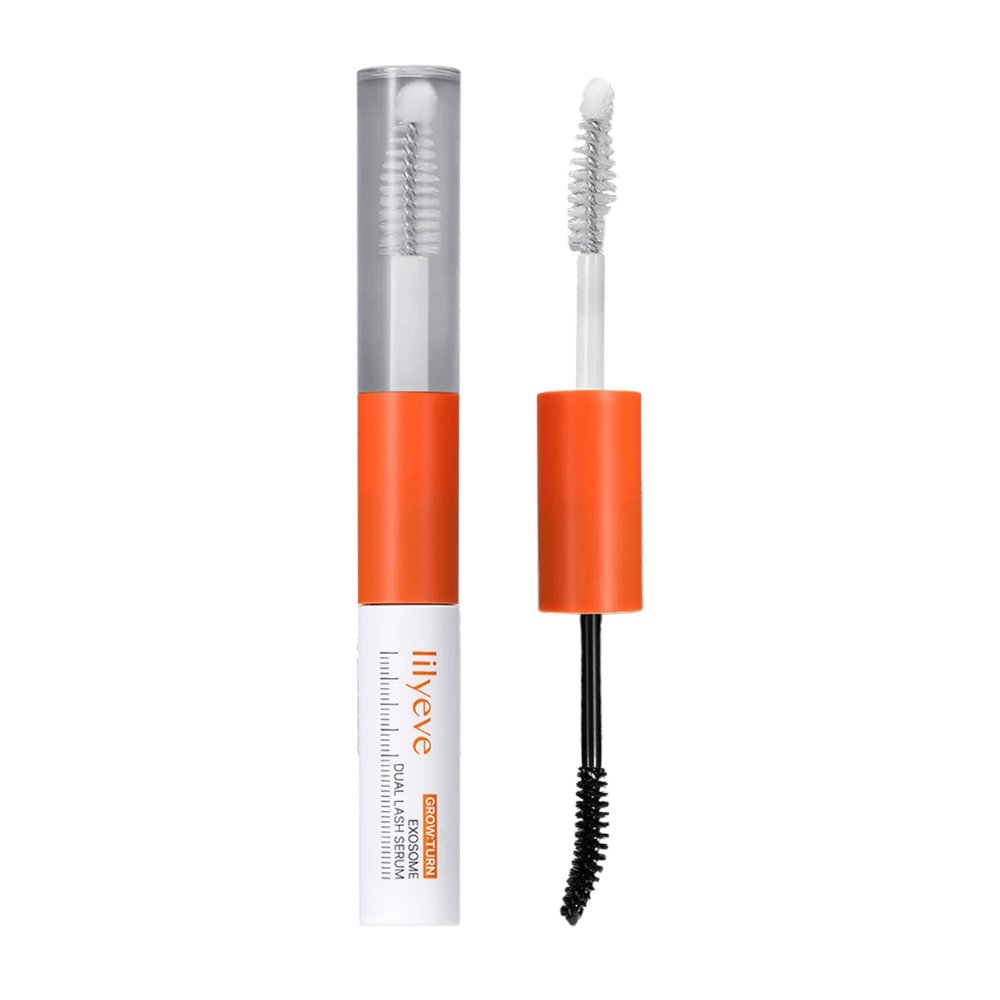 LILYEVE Grow Turn Exosome Dual Lash Serum – sérum de pestañas de doble cara con sérum transparente y negro, así como dos aplicadores.