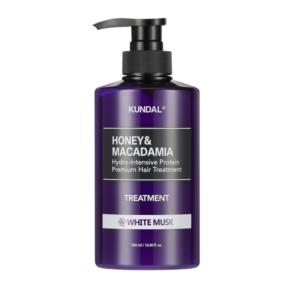 KUNDAL Honey & Macadamia Hydro-Intensive Protein Premium Hair Treatment White Musk en botella con bomba lila, 500 ml.