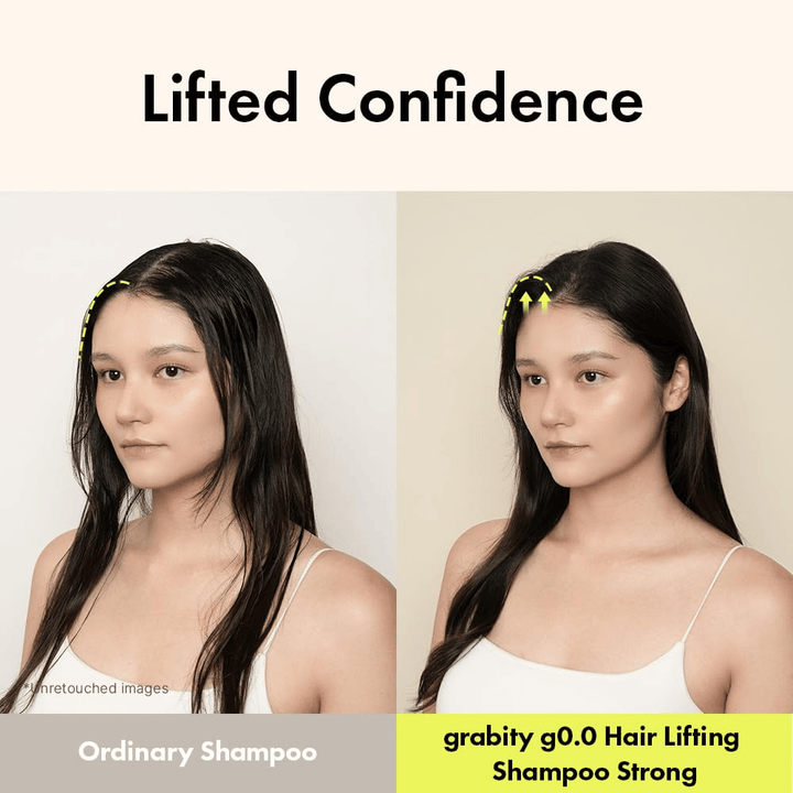 Imagen de antes y después que muestra un mayor volumen y elevación en la raíz tras el uso de Grabity g0.0 Hair Lifting Shampoo Strong para cabello fino y lacio.