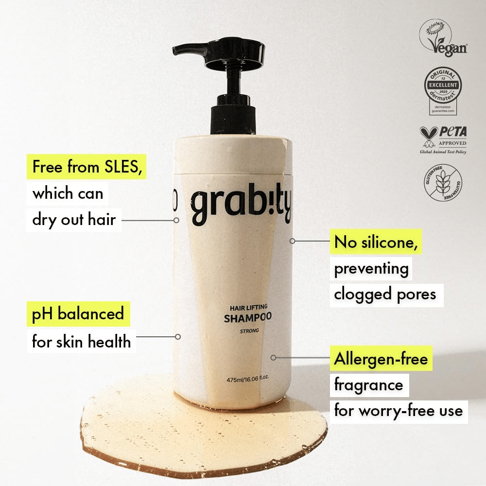 Grabity g0.0 Hair Lifting Shampoo Strong con información sobre fórmula sin SLES, composición sin siliconas, fragancia sin alérgenos y certificaciones para un cuidado capilar vegano y suave.