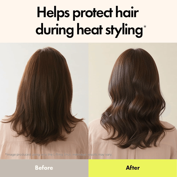 Imagen de antes y después que muestra el efecto de Grabity Hair Lifting Shot. El cabello se ve con más cuerpo, más definido y mejor protegido durante el peinado con calor después de su uso.