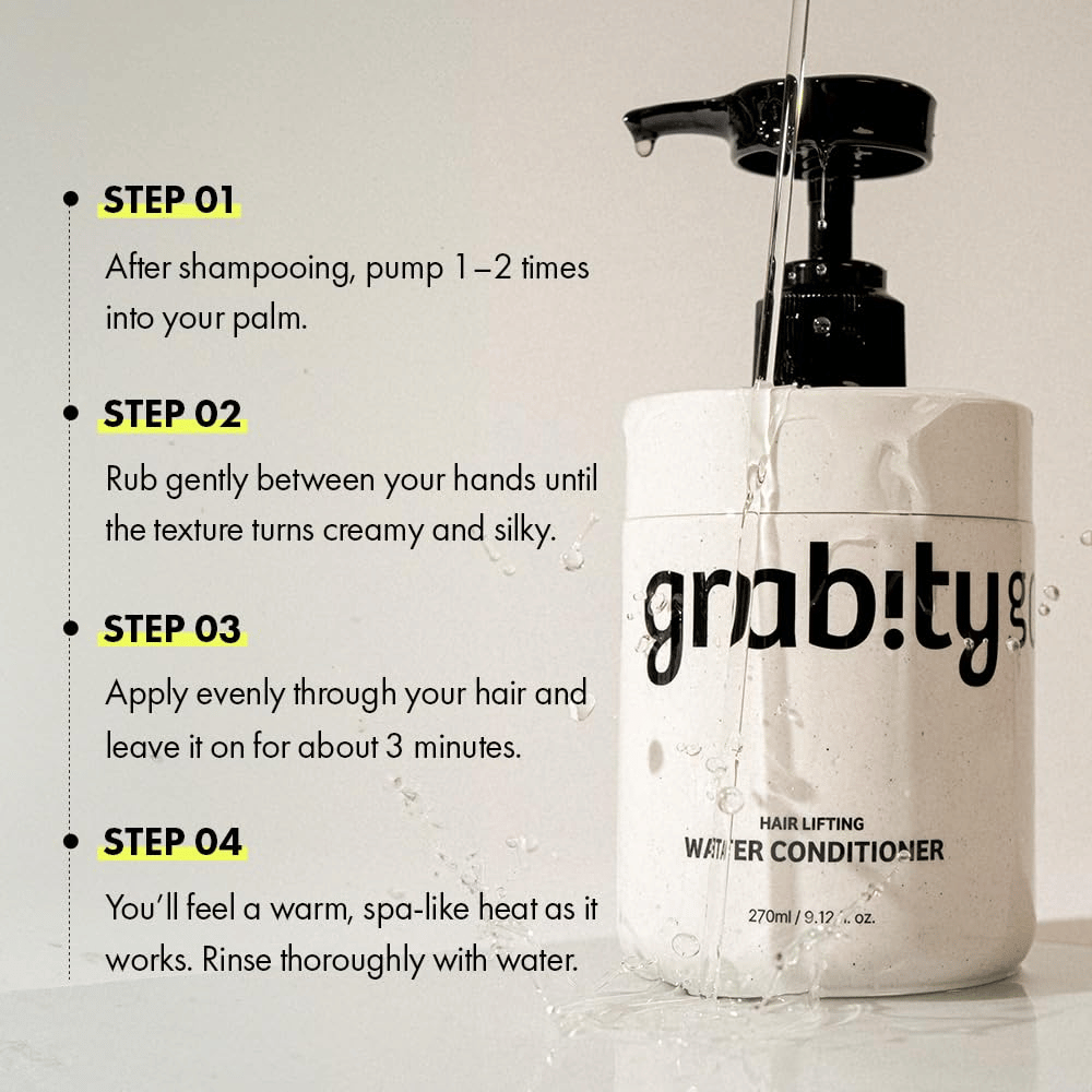 Imagen instructiva de Grabity Hair Lifting Water Conditioner que muestra cómo se usa el producto después del champú para aportar cuidado, brillo y una apariencia de cabello más abundante.
