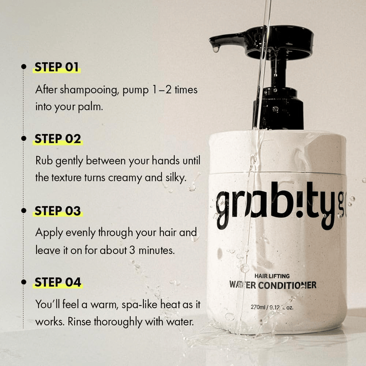 Imagen instructiva de Grabity Hair Lifting Water Conditioner que muestra cómo se usa el producto después del champú para aportar cuidado, brillo y una apariencia de cabello más abundante.