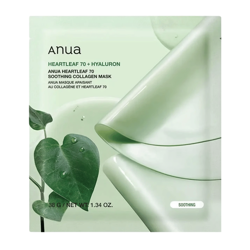 Imagen limpia del producto de Anua Heartleaf 70 Soothing Collagen Mask. El envase tiene un diseño verde suave que transmite propiedades calmantes e hidratantes. Las hojas de heartleaf con gotas de agua refuerzan el enfoque del producto en la piel sensible, el equilibrio de hidratación y los ingredientes nutritivos. El producto se promociona como una mascarilla de colágeno calmante con heartleaf y ácido hialurónico.