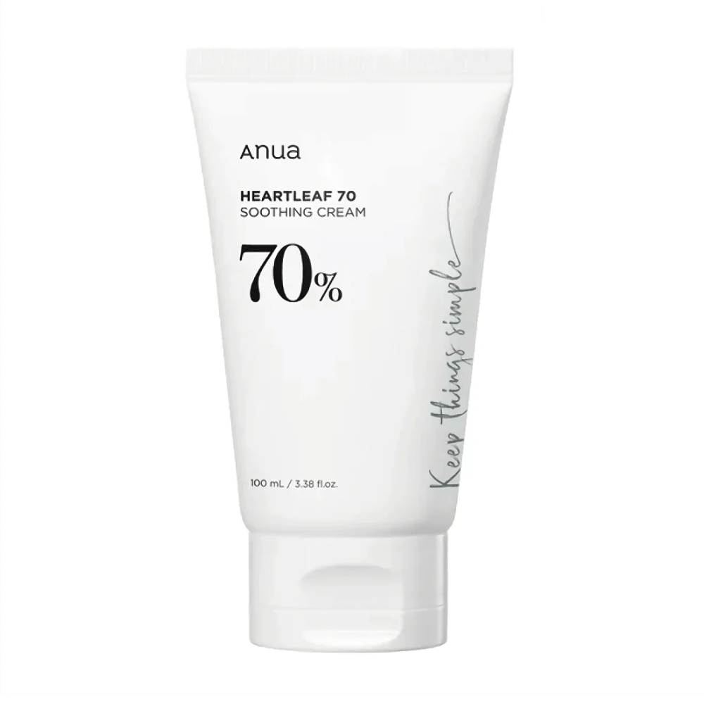 En tub av Anua Heartleaf 70 Soothing Cream på vit bakgrund.