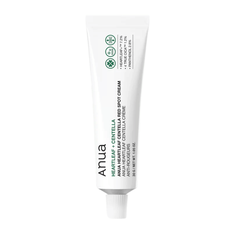 Anua Heartleaf Centella Red Spot Cream en tubo blanco, una crema de tratamiento puntual con centella para calmar la piel y fortalecer la barrera de humedad.