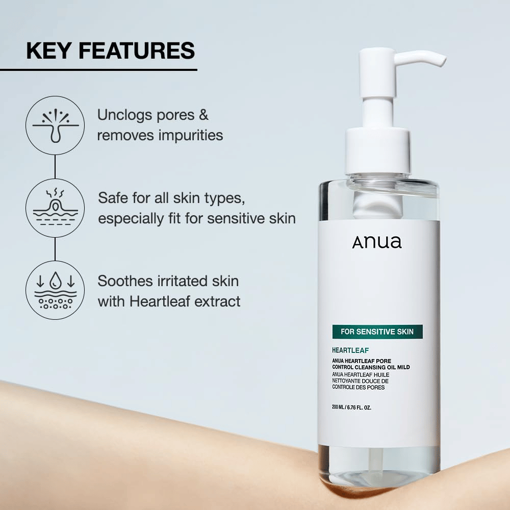 Anua Heartleaf Pore Control Cleansing Oil Mild es un aceite limpiador suave para todo tipo de pieles, especialmente adecuado para pieles sensibles. Ayuda a: Eliminar impurezas y limpiar los poros. Calmar la piel irritada con extracto de heartleaf. Es seguro para todo tipo de pieles y especialmente adaptado para ser suave y efectivo.