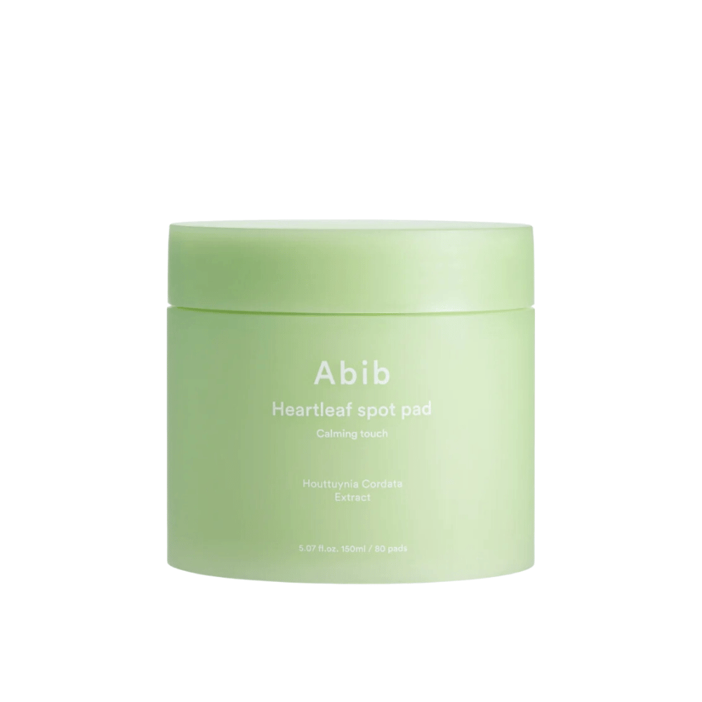 Tarro con Abib Heartleaf Spot Pad Calming Touch, almohadillas calmantes para el cuidado de la piel con extracto de Houttuynia Cordata.