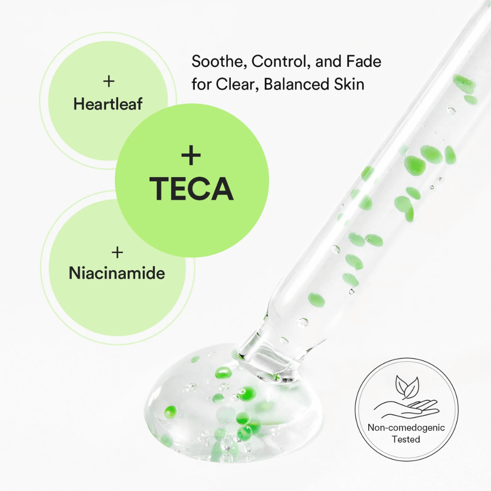 Ilustración del producto que muestra la combinación de Heartleaf, TECA y niacinamida para equilibrar la piel, controlar la grasa y reducir los problemas visibles de la piel.