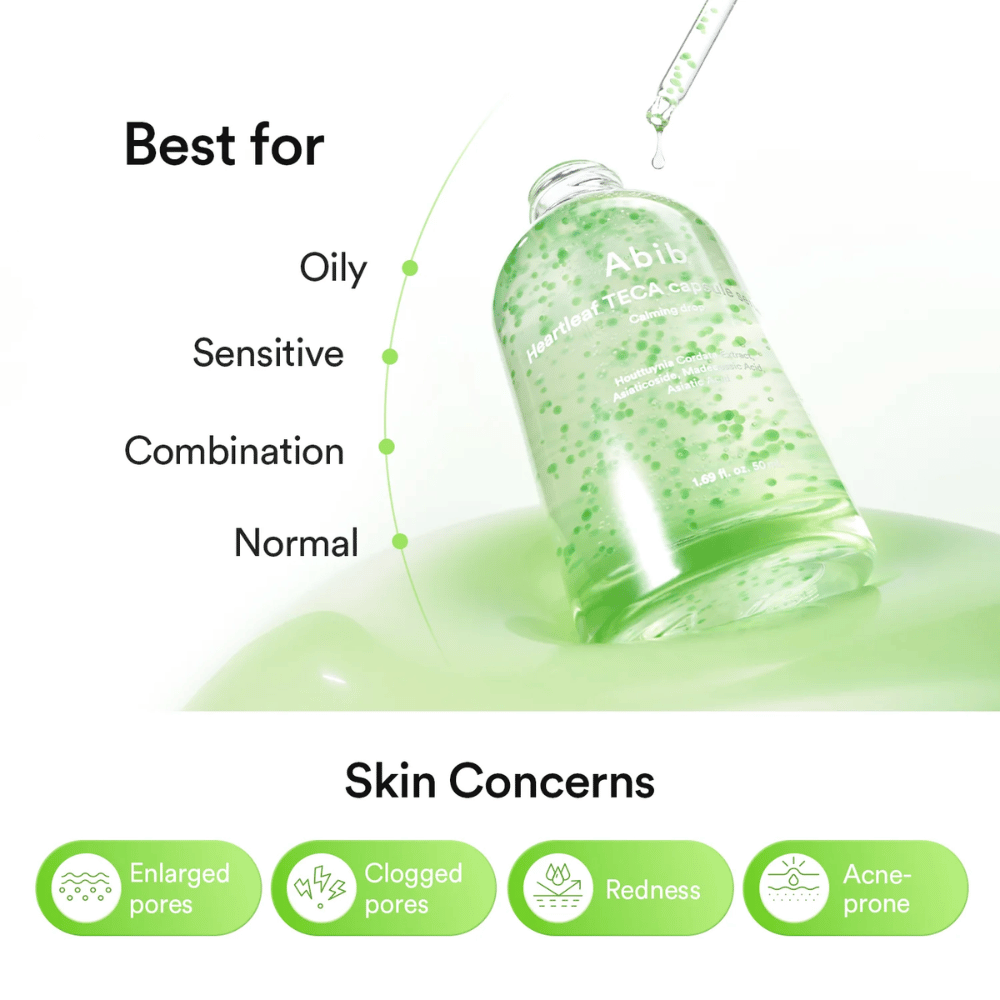Imagen informativa que muestra que Abib Heartleaf TECA Capsule Serum es adecuado para piel grasa, sensible, mixta y normal, y está dirigido a los poros, el enrojecimiento y la piel propensa al acné.