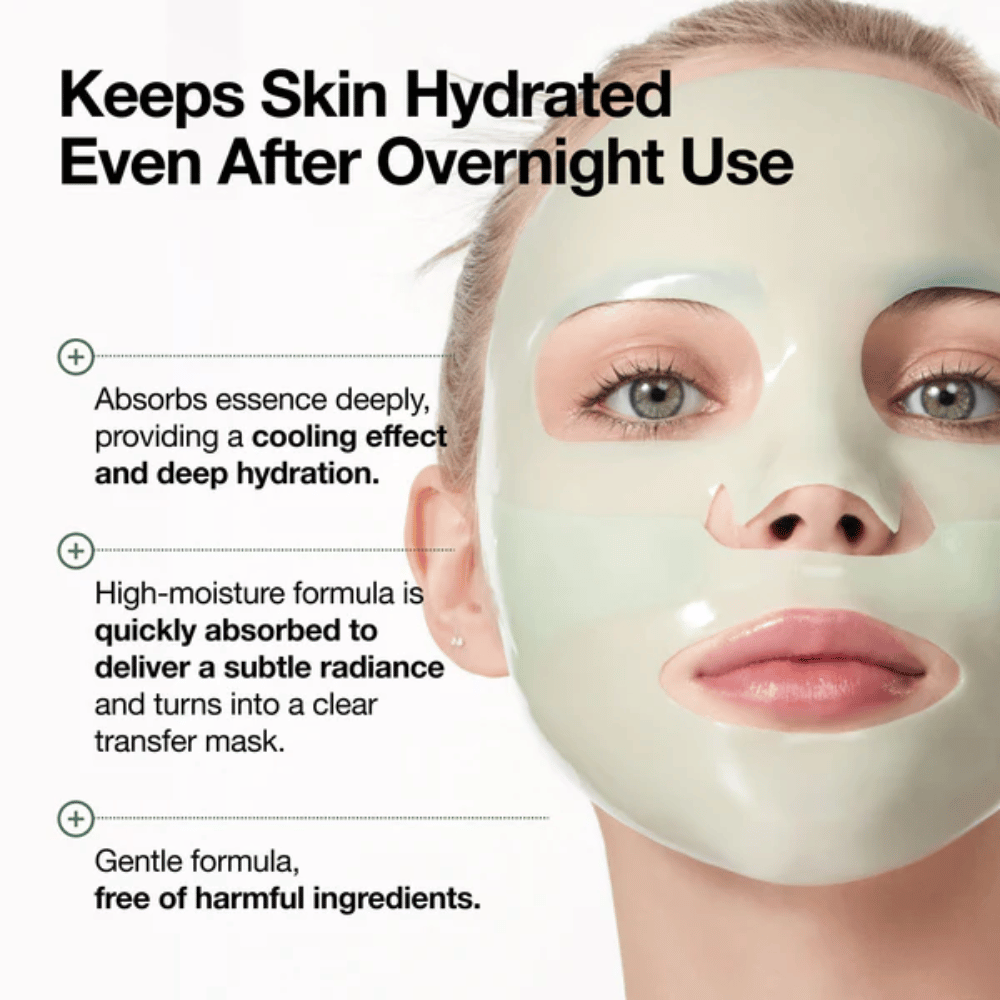 Primer plano de una modelo que usa la mascarilla de hidrogel. El texto destaca que la mascarilla ayuda a la piel a retener la hidratación incluso después de usarla durante la noche. La imagen resalta una sensación refrescante, hidratación profunda, mayor luminosidad y una fórmula suave sin ingredientes irritantes innecesarios.
