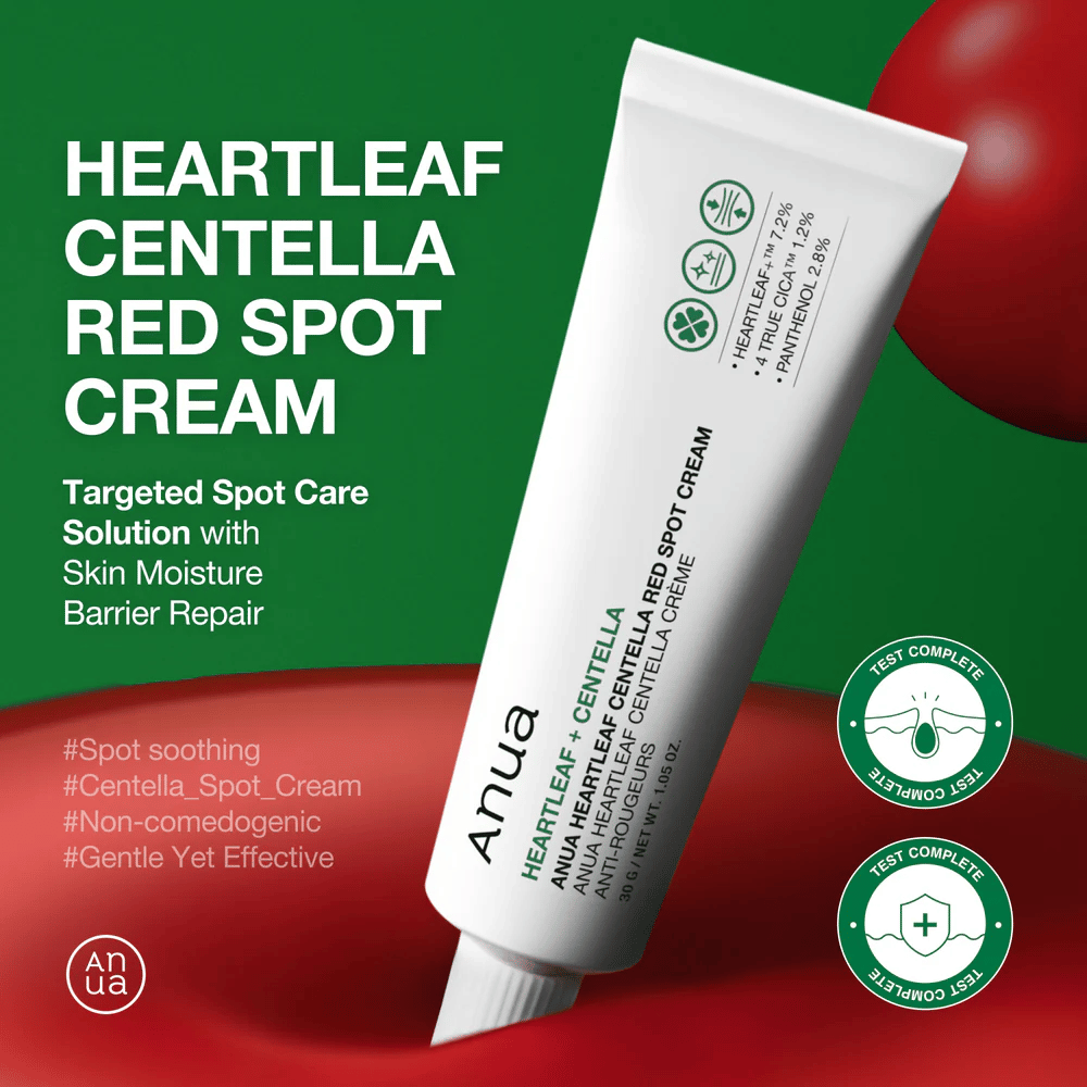 Anua Heartleaf Centella Red Spot Cream en tubo blanco presentado sobre fondo verde, con enfoque en tratamiento puntual, reparación de la barrera de humedad y fórmula probada suave.