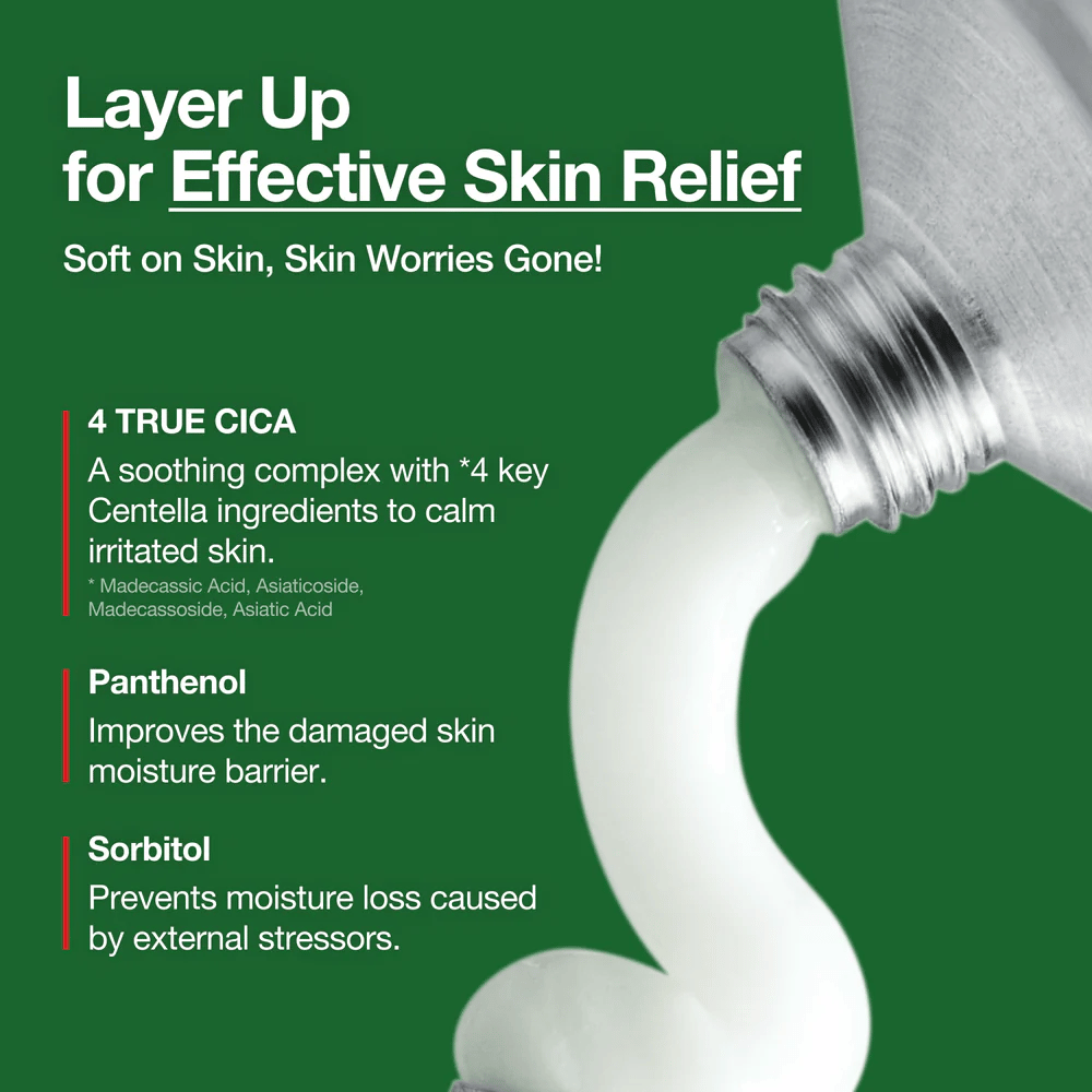 Anua Heartleaf Centella Red Spot Cream con crema blanca exprimida del tubo, ingredientes destacados como 4 True Cica, Pantenol y Sorbitol para un efecto calmante e hidratante.