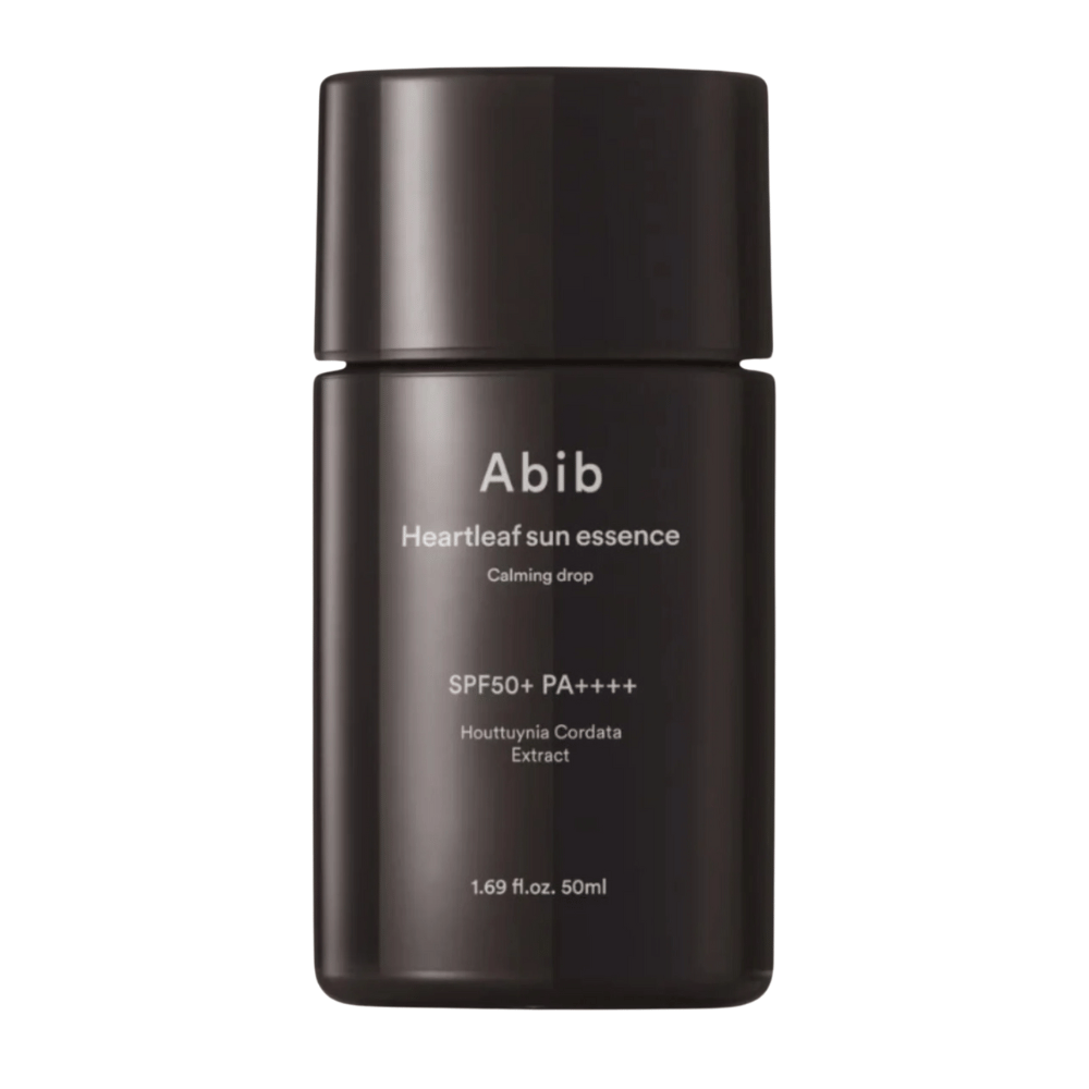 Imagen del producto de Abib Heartleaf Sun Essence Calming Drop en un envase negro con texto blanco y SPF50+ PA++++, 50 ml.