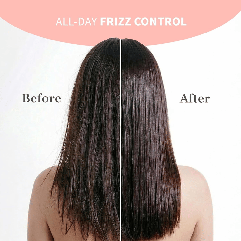 TOCOBO Heat Proof Hair Mist #01 Lowkey Famous – antes y después con control del encrespamiento y cabello más liso