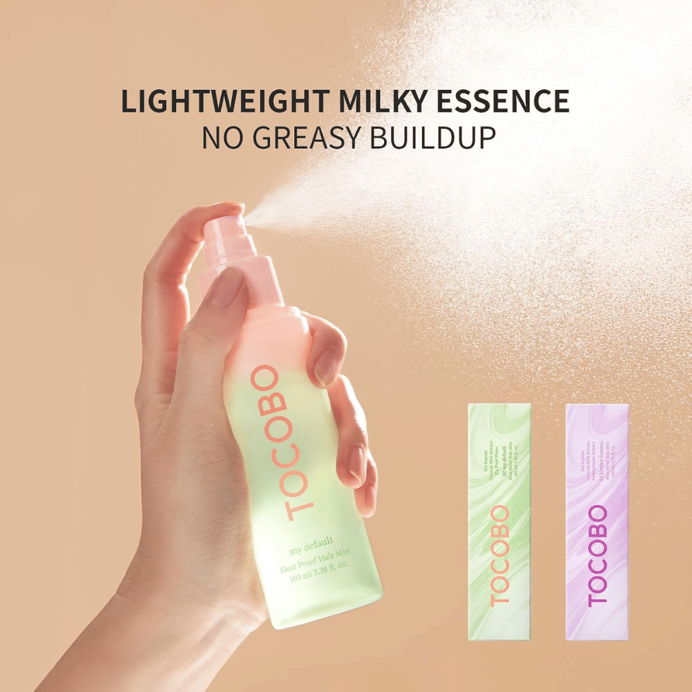 2. TOCOBO Heat Proof Hair Mist #02 My Default – bruma capilar ligero y lechoso que se pulveriza uniformemente sin dejar el cabello graso ni pesado