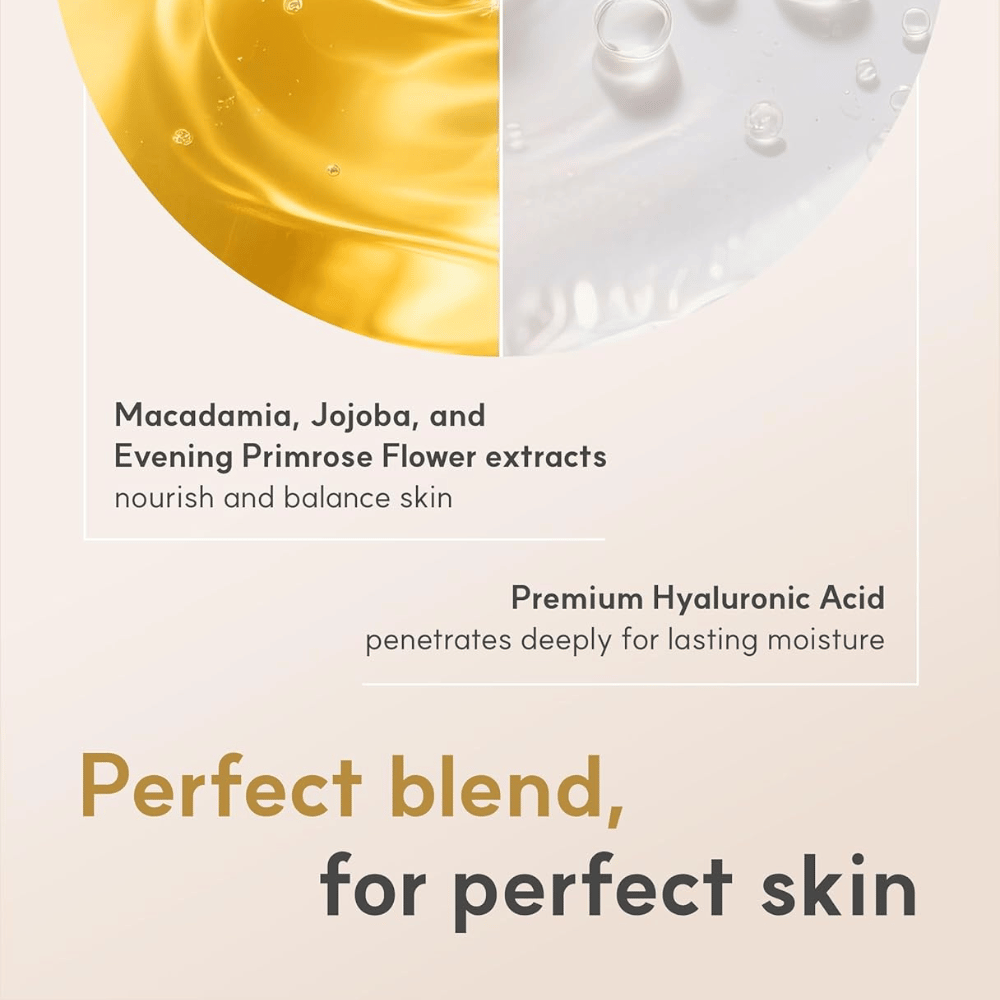 Imagen gráfica de ingredientes que resalta el aceite de macadamia, el aceite de jojoba, el aceite de onagra y el ácido hialurónico.