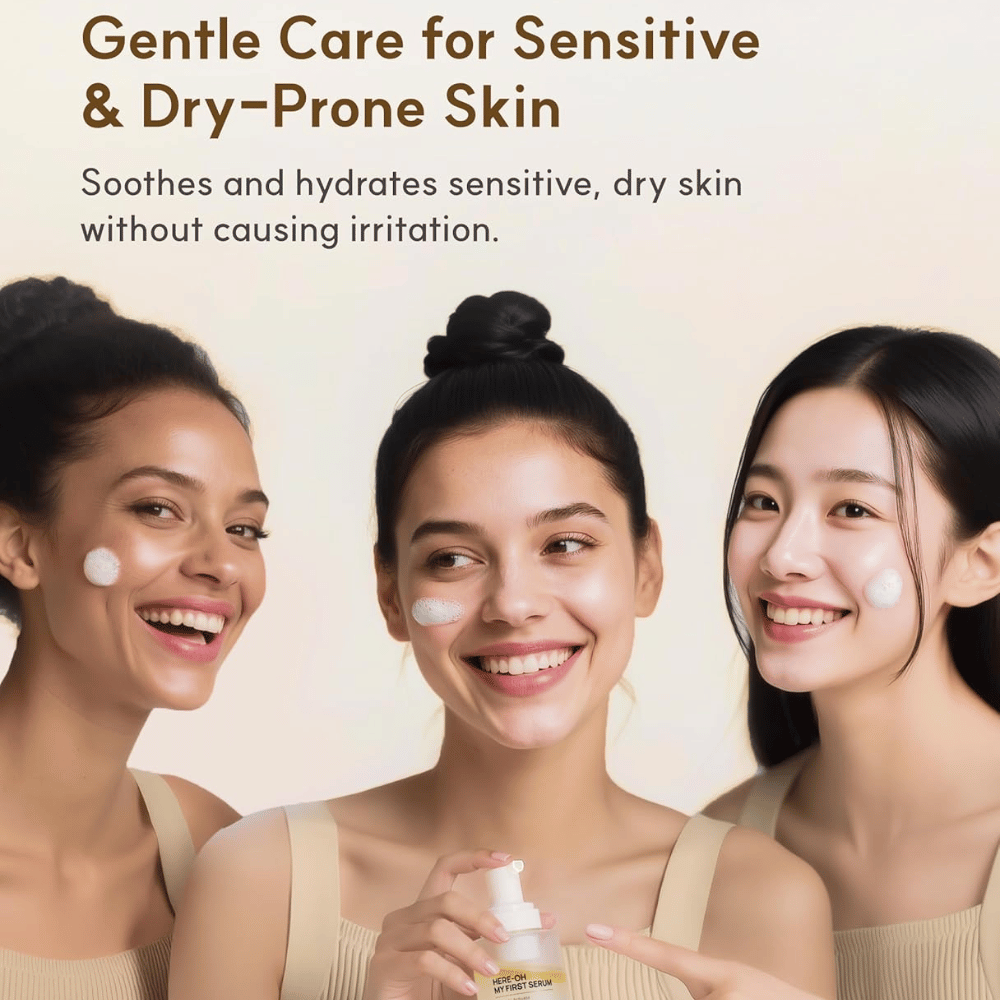 Imagen de estilo de vida con tres personas aplicando De:maf Here-Oh My First Serum.