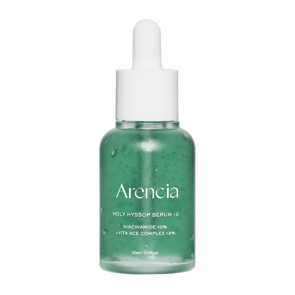 Arencia Holy Hyssop Serum 12 en botella de vidrio verde con pipeta, suero facial con niacinamida 10 % y complejo de vitaminas ACE 12 %.