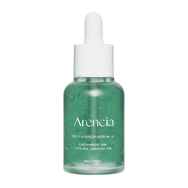 Arencia Holy Hyssop Serum 12 en botella de vidrio verde con pipeta, suero facial con niacinamida 10 % y complejo de vitaminas ACE 12 %.